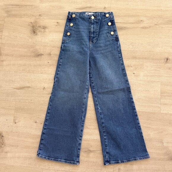 Zara Sailor Marine Jeans Wide Leg High Waist Crop Blue Gold Button Size 2 - Picture 7 of 7